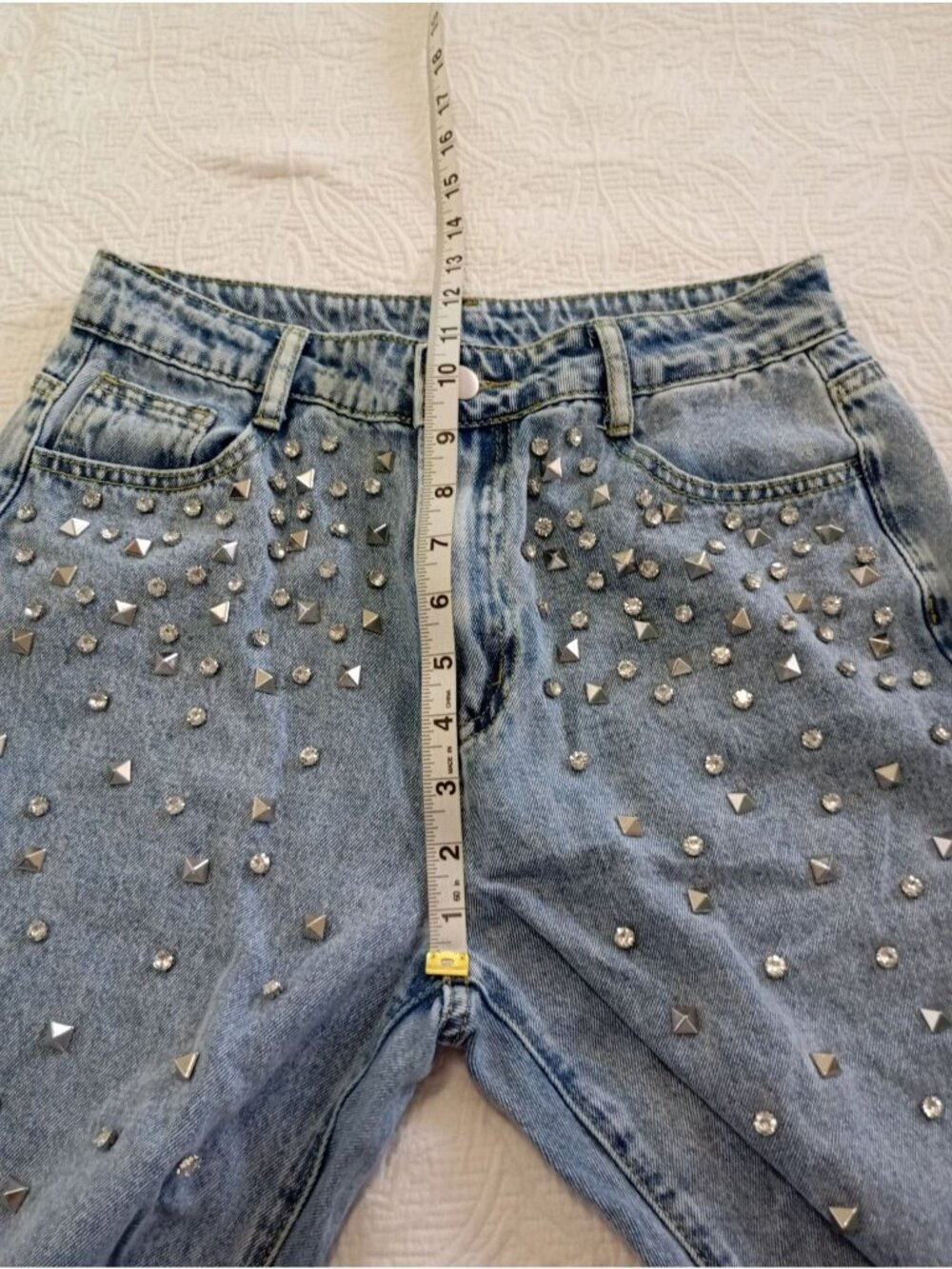 Studded Denim Jeans Rhinestone Details Size M High-Waisted Straight Leg - Picture 12 of 16